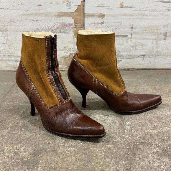 90s/Y2K Vintage Miu Miu Brown Shearling-Lined Leather Booties